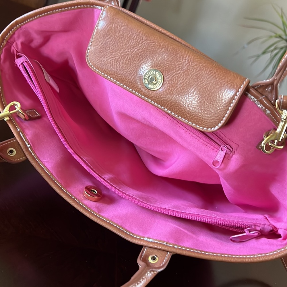 Pink Woven Straw Crossbody Bag Brown Trim Cotton Paper Tote - Picture 5 of 17